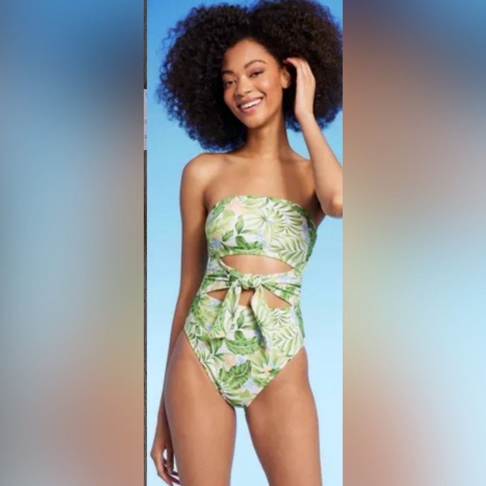 Shade & Shore Bandeau Tie-Front Cutout One Piece Tropical Print Size Small NWT